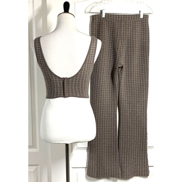 Naadam Set Wool & Cashmere Brown Houndstooth Sweater Flare Pants Corset Top Sz M - Picture 3 of 16